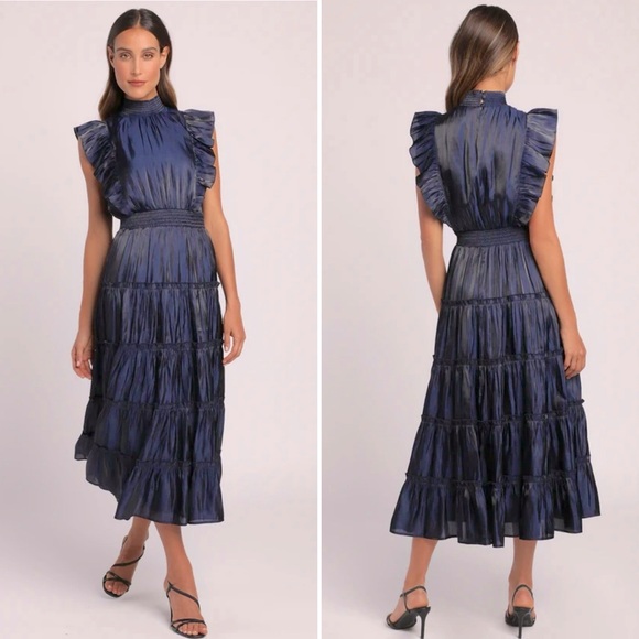 Lulus Dresses & Skirts - Take a Glance Navy Blue Tiered Mock Neck Midi Dress - S